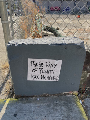 fenced urban lot with graffiti, 'these days of plenty are numbered'